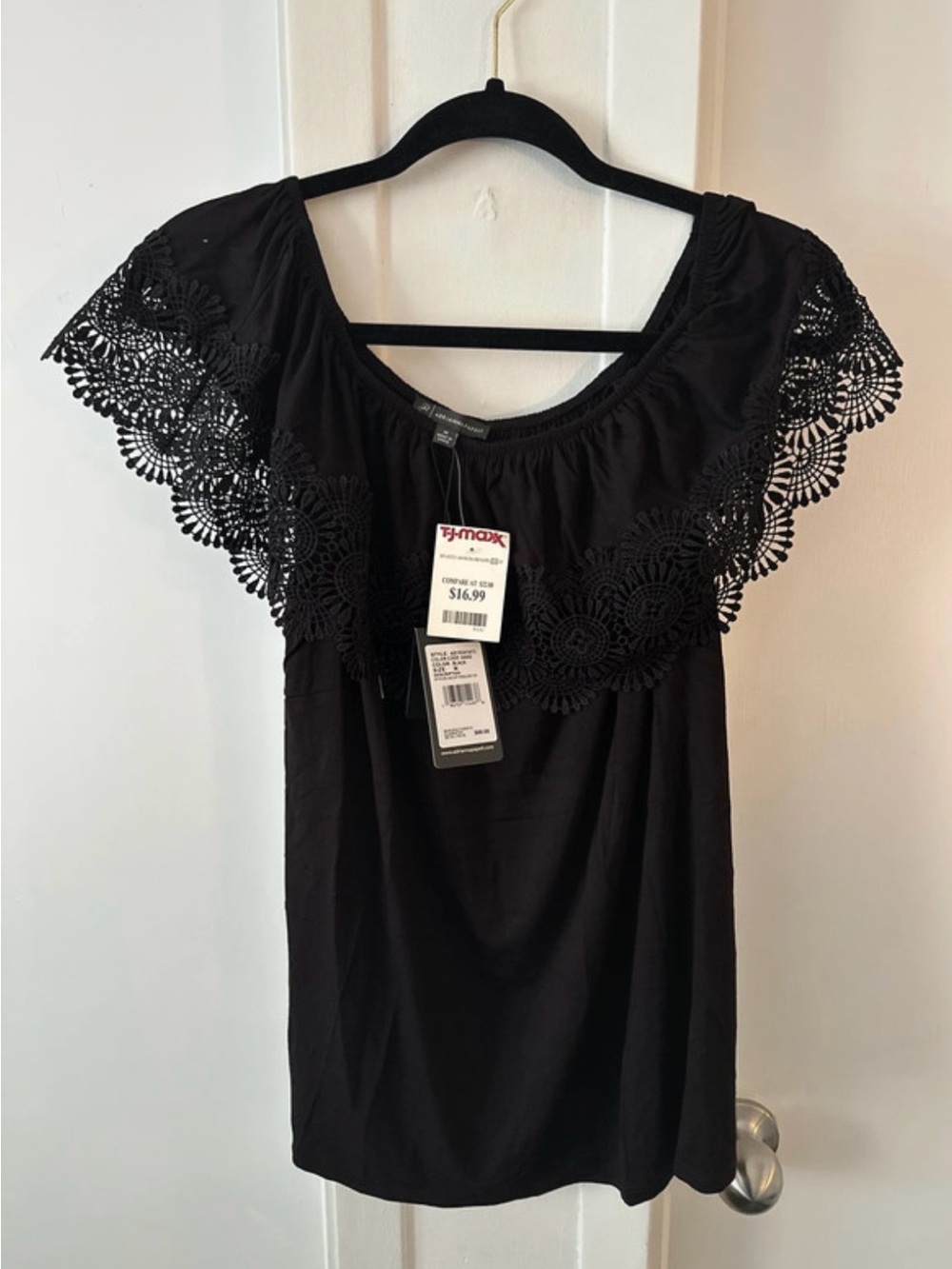 Adrianna Papell Black Crochet-Trim Off-Shoulder Top